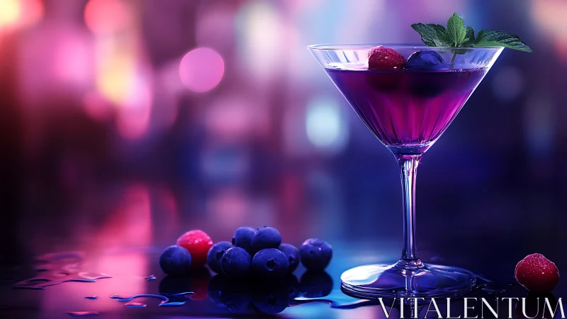 Violet Cocktail Composition with Berries and Bokeh Background.