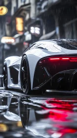Futuristic hypercar glides through neon-lit rainy streets.