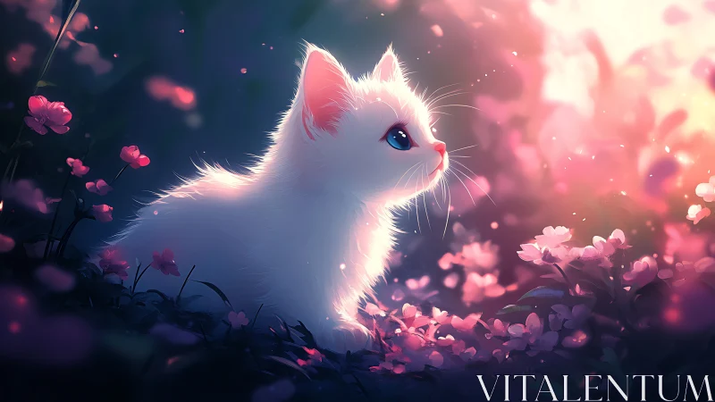 A Luminous White Kitten Blooms Among Pink Flowers