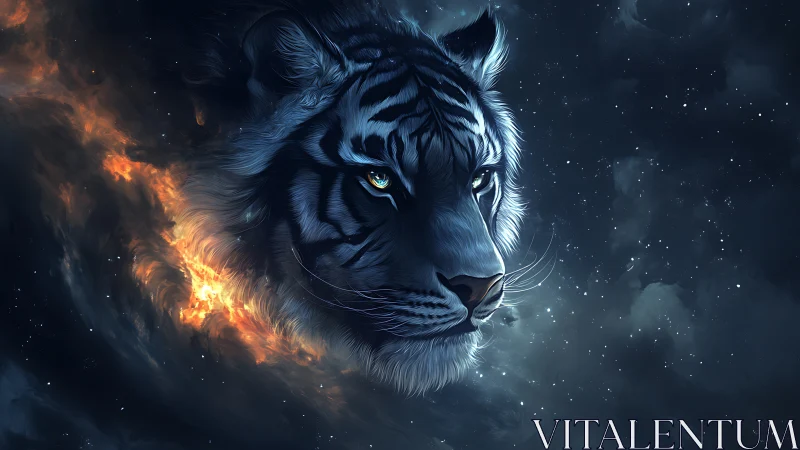 Tiger head is rendered within a starfield and gaseous nebula