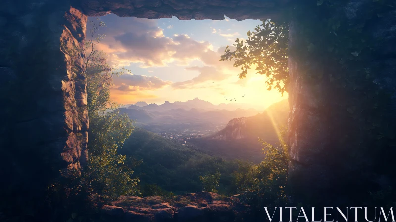 Mountain valley landscape viewed through stone window frame.