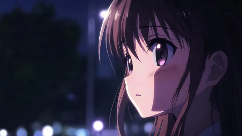 Pensive anime girl gazes into a quiet, glowing city night