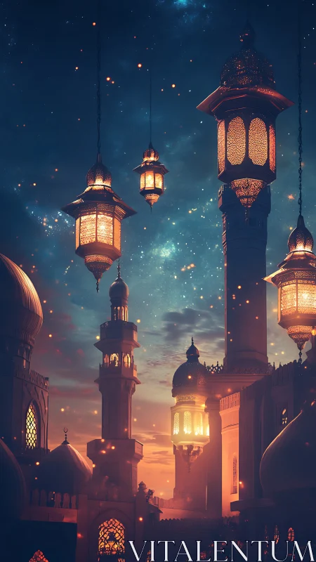 Digital painting of lantern-lit minarets at twilight skyline.
