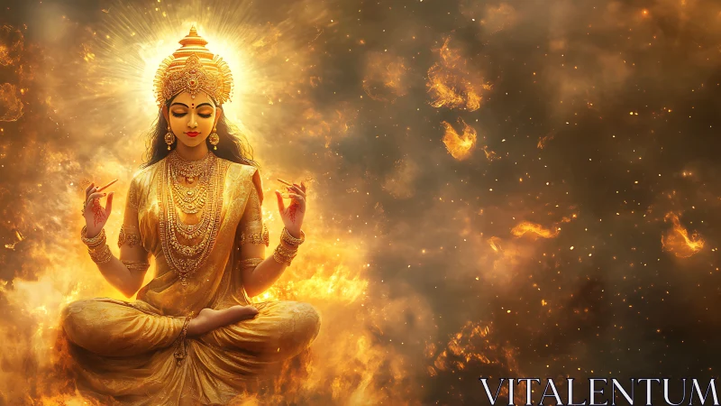 Radiant golden goddess meditates in a blazing cosmic aura