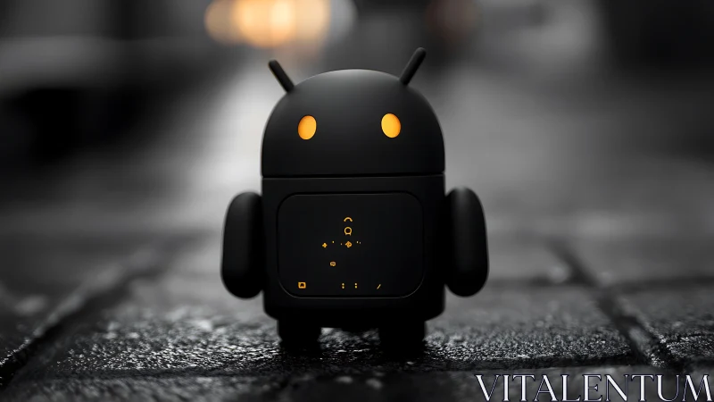 Cute glowing-eyed robot buddy brightens a moody street.