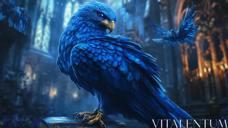 Majestic Blue Bird in Fantasy Cathedral, Highly Detailed Digital Art.