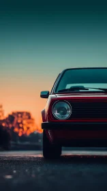 Vintage red coupe isolated against gradient sunset sky.