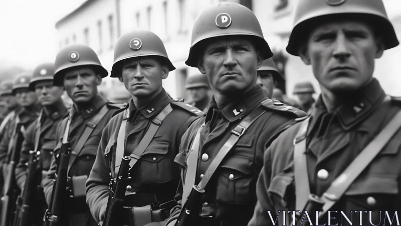 Disciplined soldiers stand in formation with focused resolve