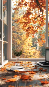 Autumn-lit workspace desk with laptop, maple leaves and bokeh depth