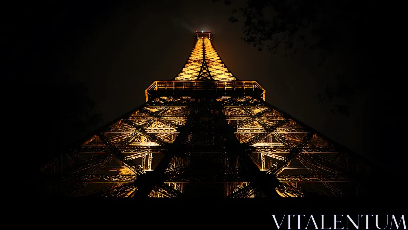 Illuminated lattice tower captured from low central viewpoint