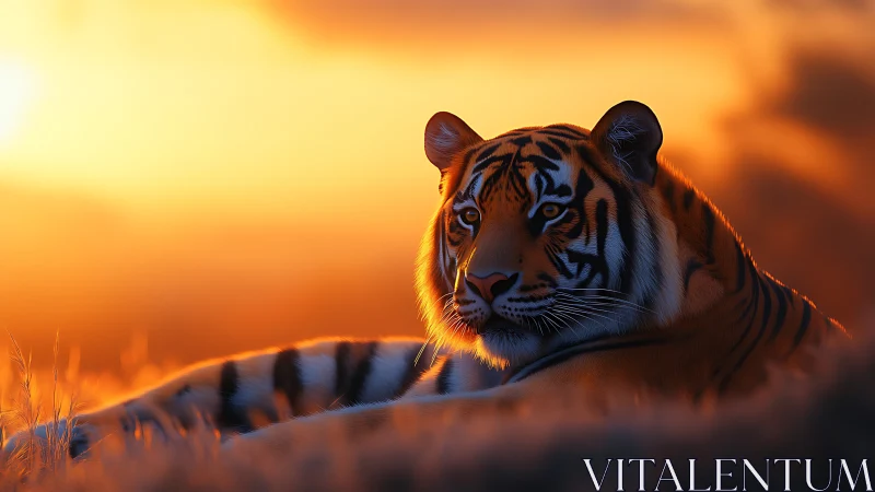 Sunlit tiger draped in ember mist at golden hour’s hush.