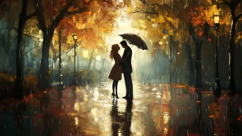 Couple Under Umbrella in Rain-Wet Urban Avenue.