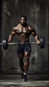 Muscular athlete performs heavy barbell shrug indoors.