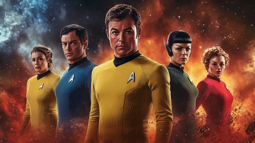 Photorealistic starship crew portrait in nebular backdrop.