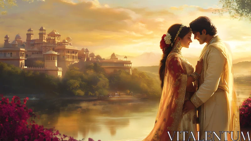 Romantic couple in ornate attire beside riverine palace complex