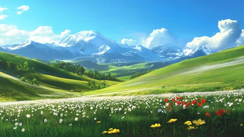 Digital alpine meadow under bright sky and snow peaks.