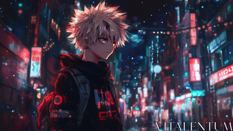 Neon-lit loner drifts through rain-speckled cyber city night.