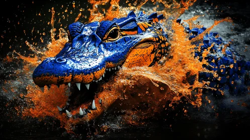Neon blue crocodile bursting through vivid orange water.