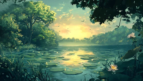 Lily-covered lake at sunrise with dense surrounding foliage.