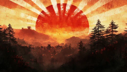 Radiant sunrise over misty pines and distant temple hills.