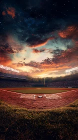 Baseball field in stadium viewed from home plate at dusk