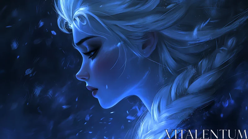 Gentle ice queen in moonlit blue, lost in quiet thought.