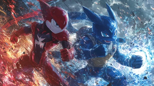 Two opposing elemental warriors in intense combat stance.