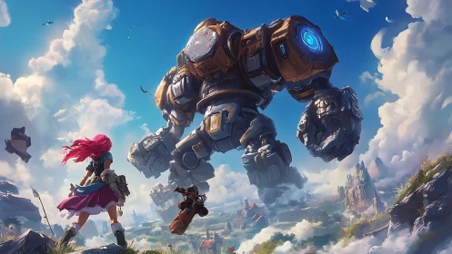 Giant steampunk mech confronts two adventurers in open sky