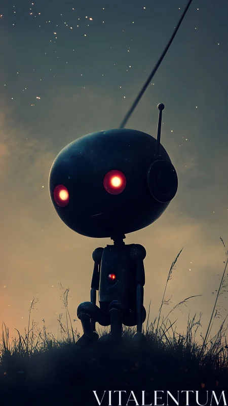 Solitary spherical-headed robot studies a luminous dusk sky