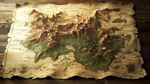 Embossed fantasy realm map rising from weathered parchment.