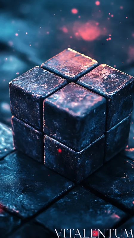 Glowing metallic cube on dark tiles with neon sparks.