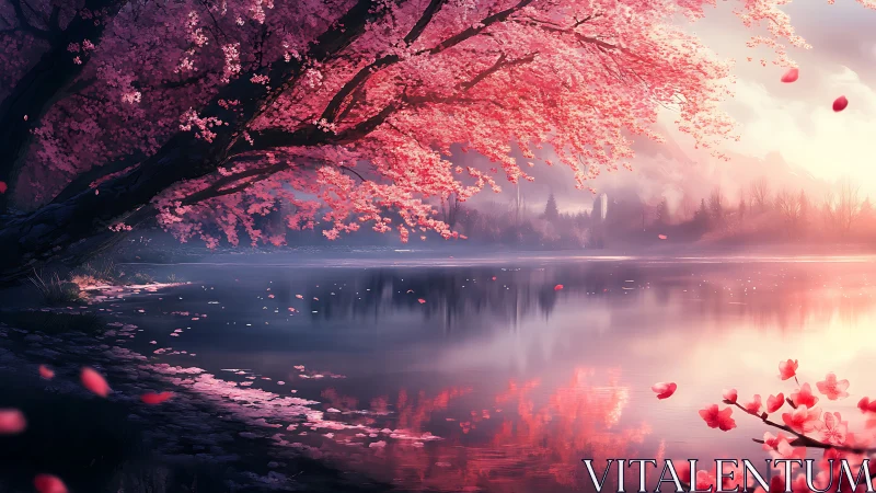 Cherry blossom tree over calm lake at pink sunrise.