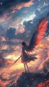 Winged guardian watching a blazing sky of swirling light.