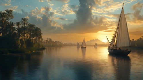 Lateen-rigged sailboats on tranquil tropical river at sunset