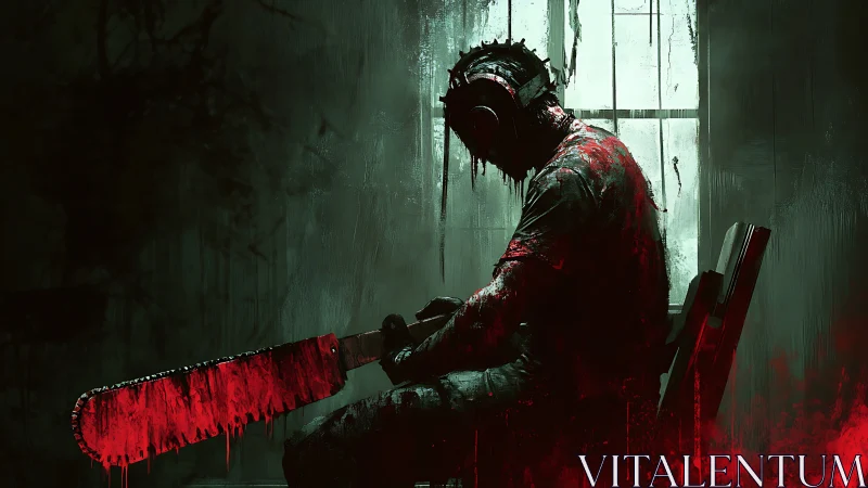Brooding chainsaw warden in a blood-slicked twilight cell.