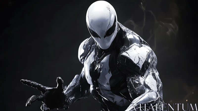Chrome symbiote warrior poised in dramatic low lighting.