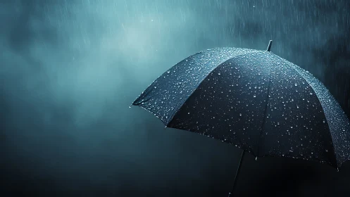Midnight umbrella under cinematic teal rainfall glow.