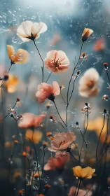 Delicate florals suspended in soft bokeh with atmospheric water droplets