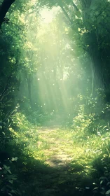 Luminescent forest canopy with radiant pathway through dense vegetation.