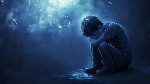 Digital painting of isolated boy in blue atmospheric void.