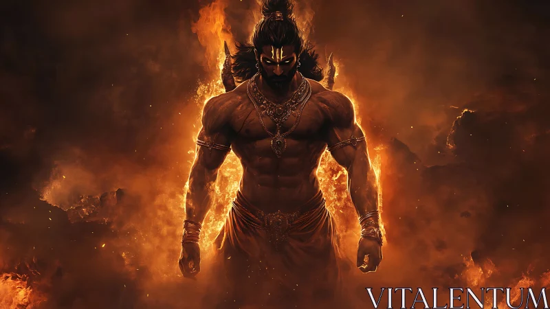 Muscular warrior figure emerging from fire and smoke.