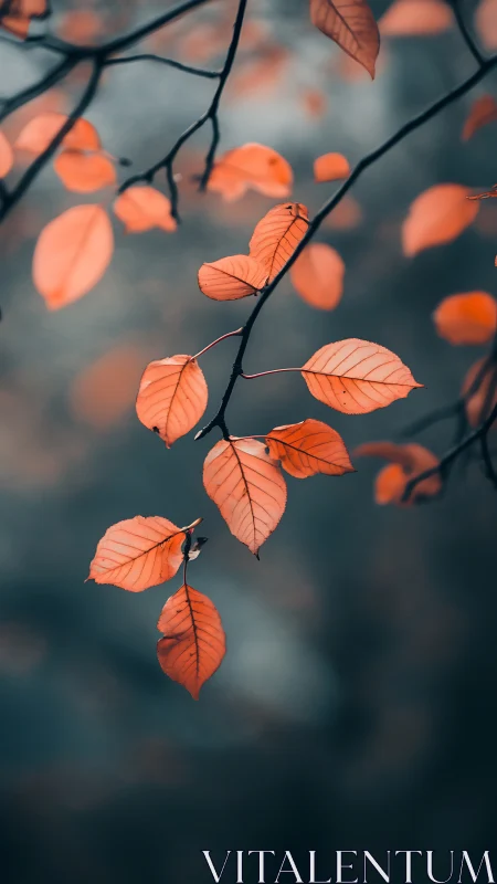 Orange leaves hang from thin branches against soft blur