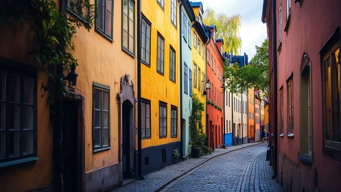 Colorful old town alleyway bathed in gentle evening light.
