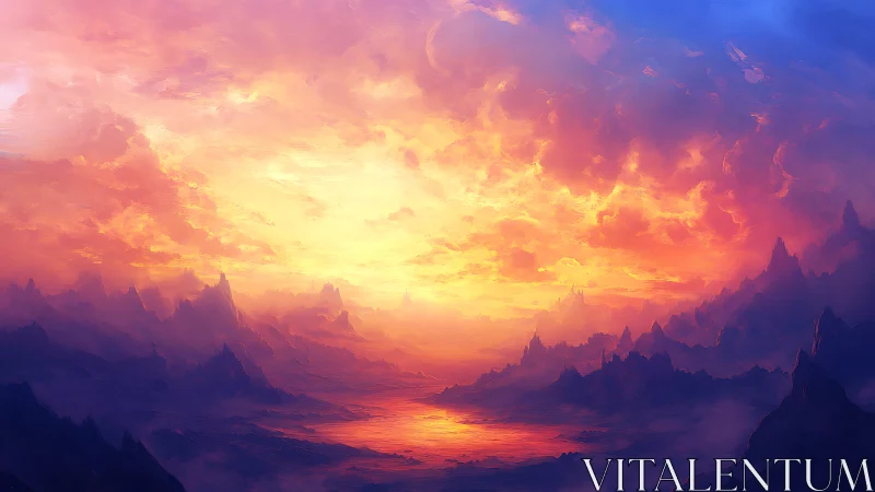 Skyfire horizon over dream-forged mountains at sundown.