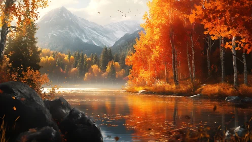 Golden autumn river glows beneath misty snowcapped mountains