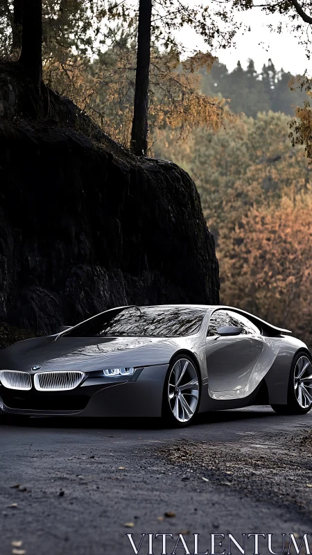 Silver concept coupe prowls a forest road at dusk glow.