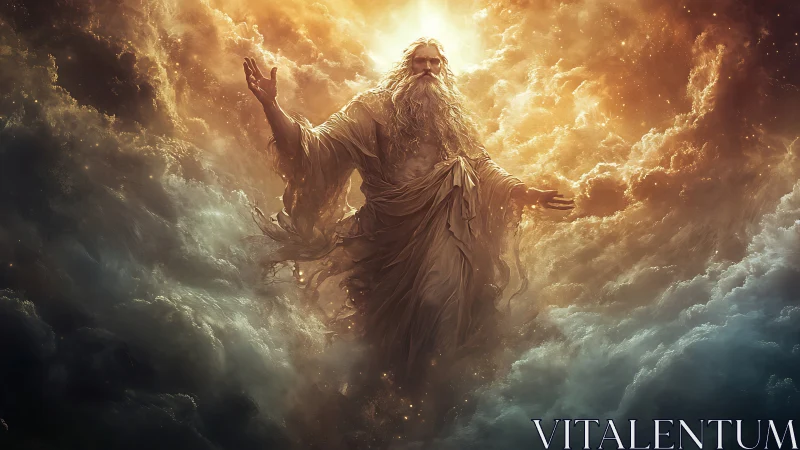 Radiant celestial deity emerging through volumetric storm clouds