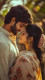 Golden-Hour Portraiture of Traditional Costumed Couple in Intimate Proximity.