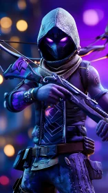 Hooded spectral archer with neon crossbow in bokeh cityscape.