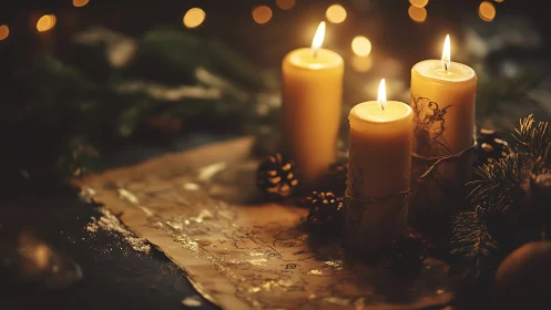 Golden candle trio illuminating vintage holiday map.